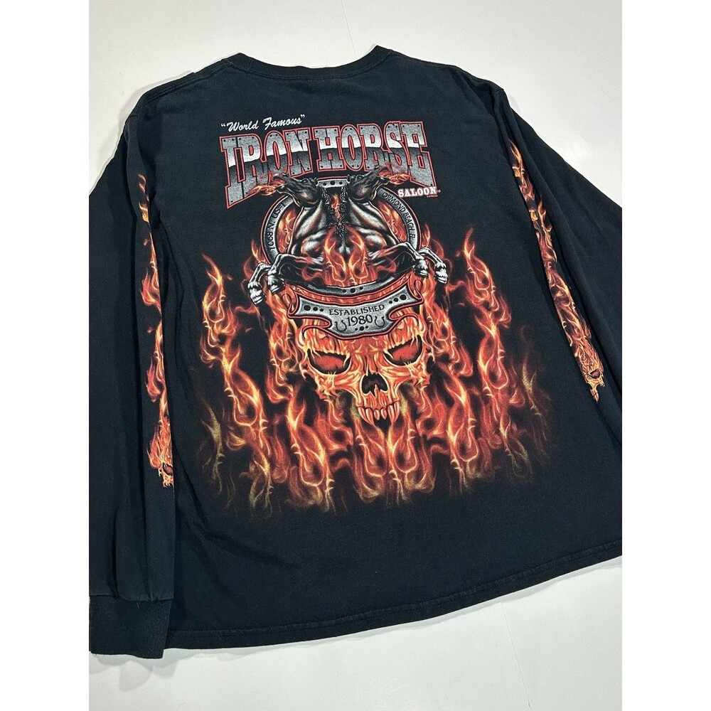 Vintage Iron Horse Saloon Bike Week 2008 Skull Flame Long Sleeve T-Shirt Men’s L - Picture 11 of 11